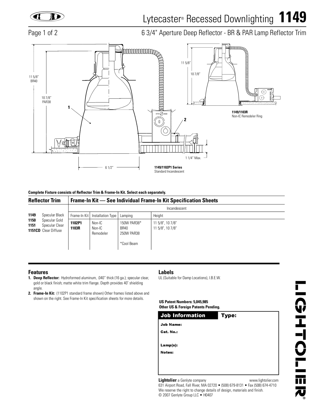 Lightolier 1149 specifications Lytecaster Recessed Downlighting , Aperture Deep Reflector BR & PAR Lamp Reflector Trim 